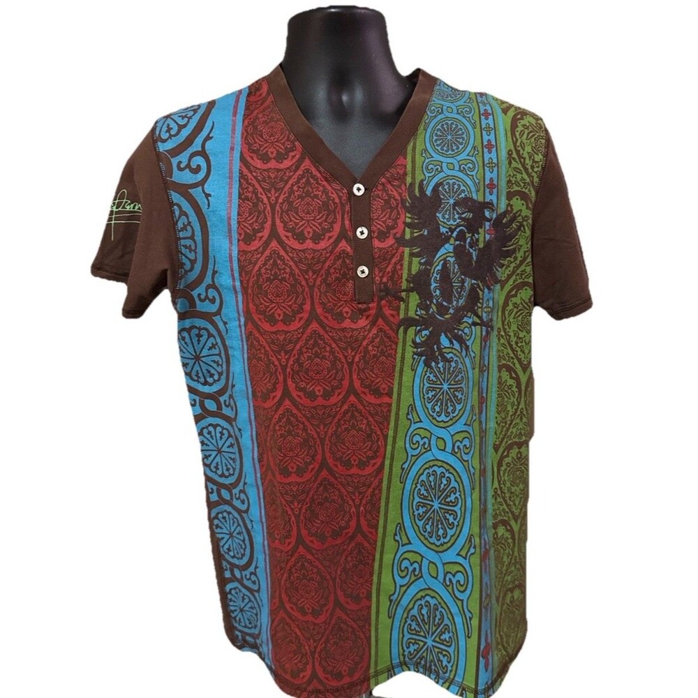 🔥 Men’s Y2K Graphic Henley Shirt Tribal Psychedelic Festival Art Large 🔥